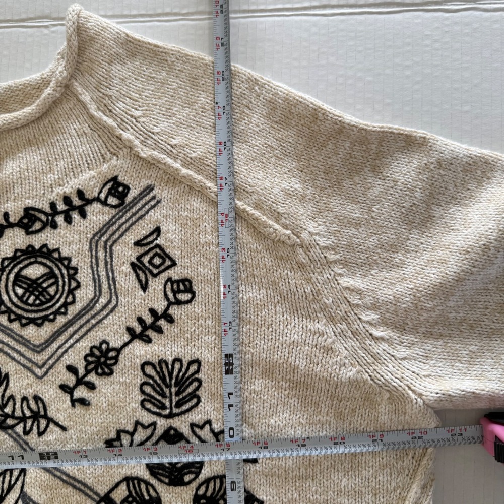Sundance Womens Cream Black Embroidered Floral Cotton Wool Blend Sweater L - Picture 8 of 8
